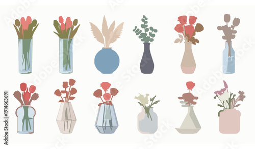 Modern Flat Flower Vase Collection with Decorative Floral Arrangements Vector Set
