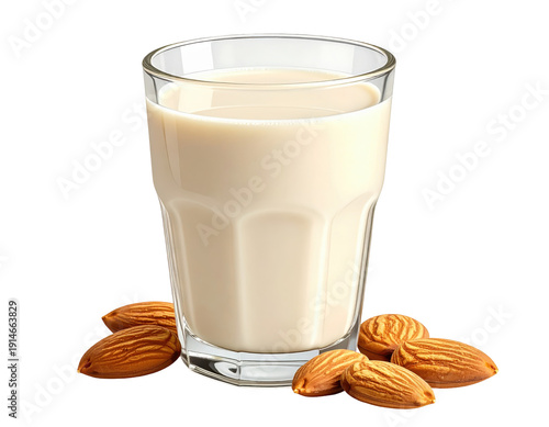 Glass of Almond Milk with Scattered Almonds, Healthy Beverage Concept.