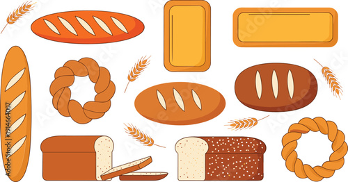 Bakery bread collection with loaves baguettes rolls and wheat elements flat vector illustration isolated on white