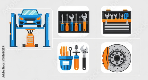 Car repair tools and equipment illustration icons.