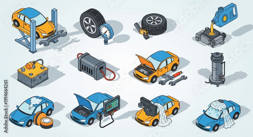 Car Repair Service Icons Set Isometric Style.