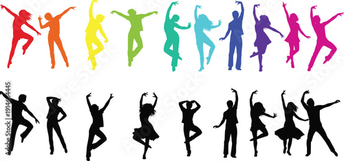 Colorful dancing people silhouettes set with dynamic poses rainbow gradient and black figures vector illustration isolated