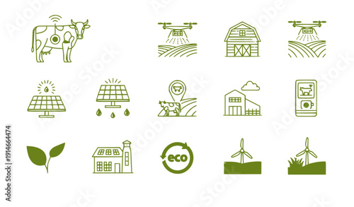 Smart Agriculture Icons: Technology, Sustainability, Livestock, Farming Innovations, Eco-friendly
