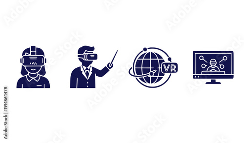 Virtual Reality Technology Icons: People Using VR, Globe, and Computer Screen Interface