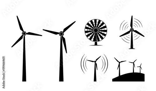 Modern wind turbine icons set with energy generation and renewable power concepts isolated on white background