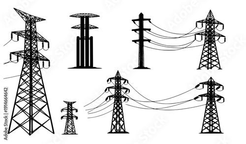 Collection of Various Electricity Pylons and Transmission Towers in Black Silhouette