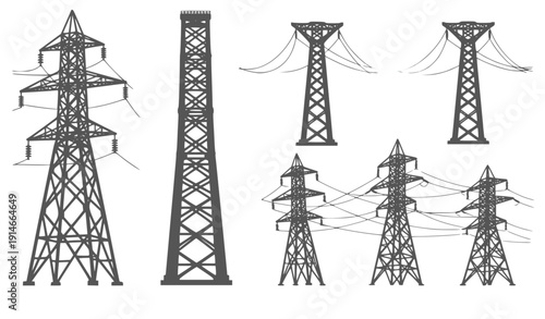 Electricity Transmission Towers Set Industrial Infrastructure Power Lines