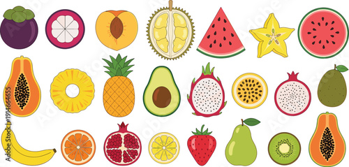 Colorful tropical and exotic fruits collection with sliced whole produce flat cartoon vector illustration isolated on white