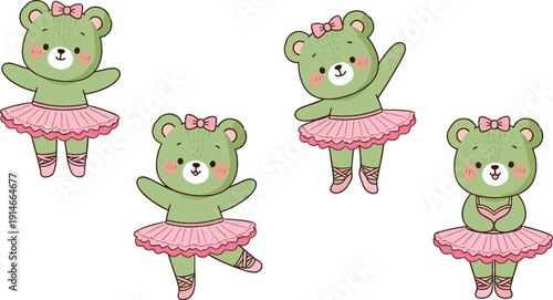 Cute ballerina bear character set dancing in different poses sweet cartoon animal vector illustration isolated on white