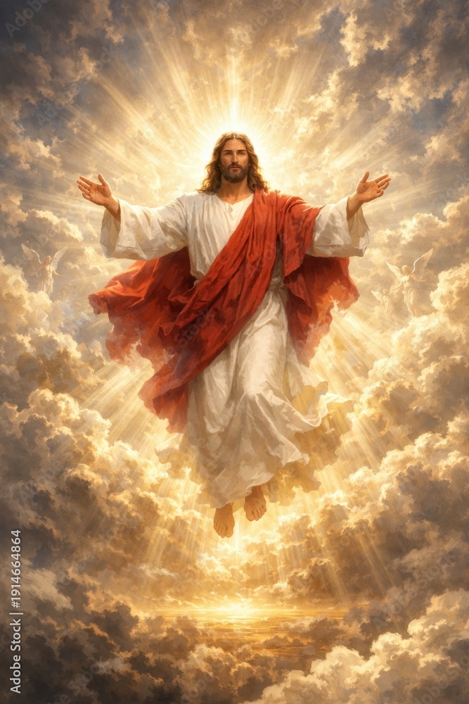 Obraz premium Jesus ascends to heaven in golden light and radiant clouds surrounded by angels symbolizing Easter glory