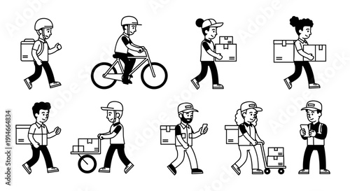 Diverse Delivery Personnel in Various Modes of Transport and Actions.