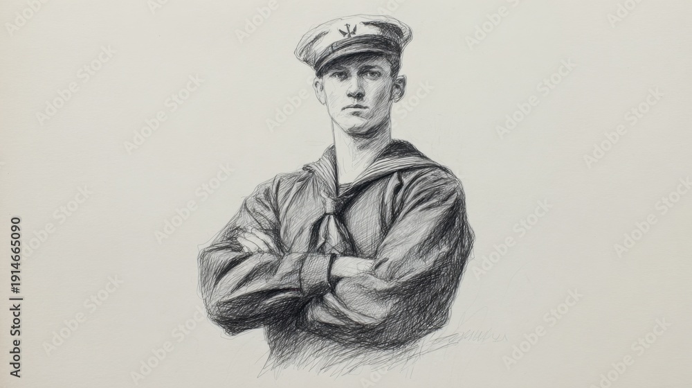 Fototapeta premium Graphite sketch of serious young sailor standing with crossed arms wearing classic uniform and peaked cap