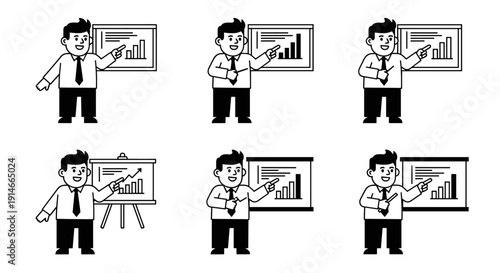 Businessman presenting financial data on a whiteboard in various poses.