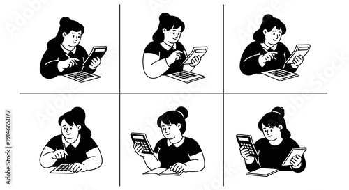 Six black and white illustrations of women diligently working with calculators and documents.