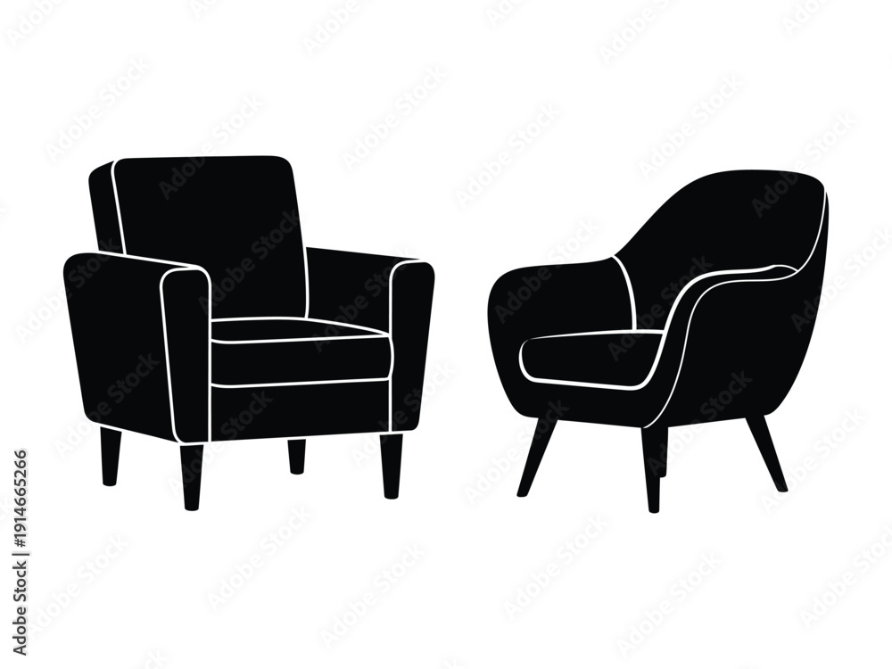 Obraz premium Two Black Armchairs on a White Background, Minimalist Vector Illustration of Furniture