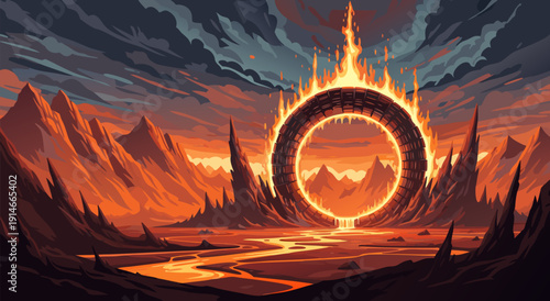 Epic Ring of Fire Landscape Vector Illustration with Fiery Mountains and Molten River