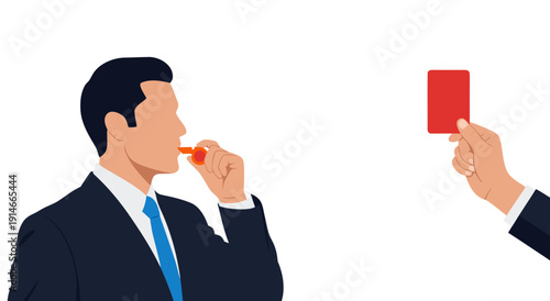 Businessman blowing whistle in red card penalty vector illustration representing a violation or foul