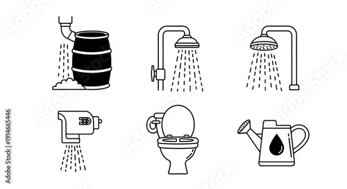 Water conservation and usage icons set for various applications.