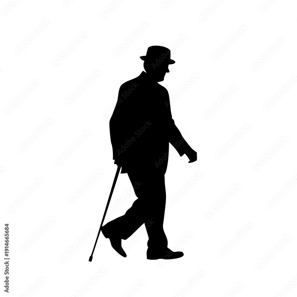 Fototapeta premium Vector Silhouette of an Elderly Gentleman Walking with a Cane