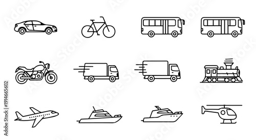 Comprehensive collection of black line art icons depicting diverse modes of transportation for land, air, and sea travel, perfect for mobility and logistics designs and applications