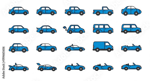 Collection of blue pixel art cars and vehicles.