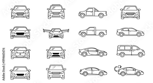 Diverse Vector Outline Car Illustrations Collection Sedans, Pickup Trucks, Vans, and Sports Cars in Front and Side Views for Automotive Design