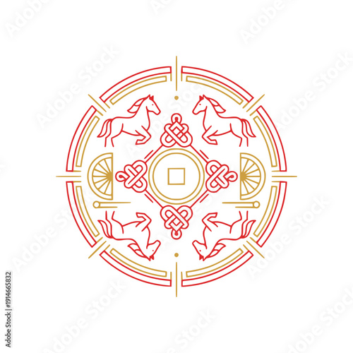 Circular emblem featuring ornate horse and knot motif with decorative linework and subtle gold accents, symbolizing prosperity and good fortune