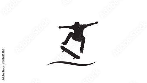 Dynamic silhouette of a skateboarder performing an aerial jump against a curved ground line.