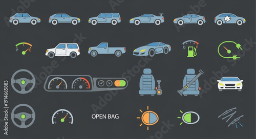 Collection of Car Icons and Dashboard Elements.