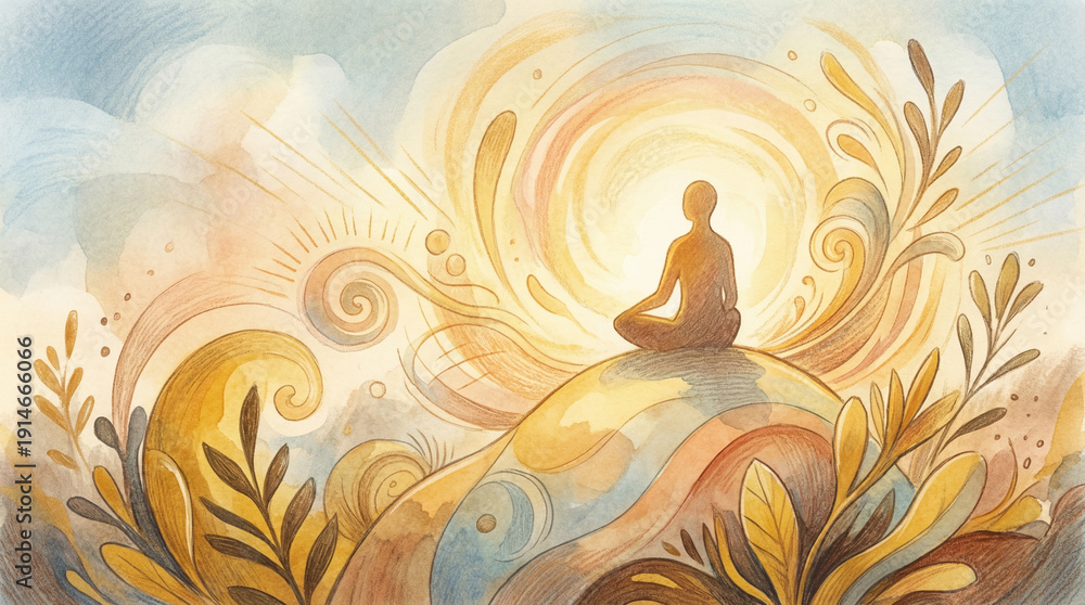 Obraz premium Peaceful self care morning rituals for slow living content Serene Meditation in Abstract Nature: A Spiritual Journey Illustration Intentional living concepts for personal growth 
