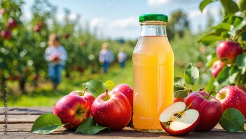 Fresh Apple Juice Bottle With Ripe Apples On Rustic Wooden Surface In Orchard Setting