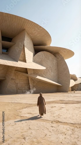 Person in Brown Robe Walking Towards Beige Architecture Underneath Clear Blue Sky in Desert