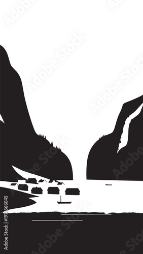 Monochrome coastal landscape featuring boats against steep cliffs and open water in silhouette.