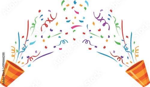 Party poppers with colorful confetti streamers celebration event decoration festive cartoon vector illustration isolated on white