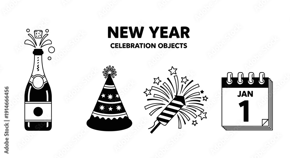 Fototapeta premium New Year Celebration Objects - Champagne, Party Hat, Firework, and Calendar.