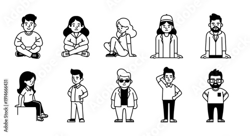 Diverse group of hand-drawn cartoon characters in various poses and styles.