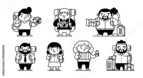 Diverse group of travelers with backpacks and travel accessories in a minimalist line art style.