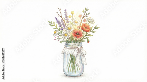 Wallpaper Mural Wildflower bouquet in glass jar with lace ribbon shows ikebana style floral arrangement with poppy daisy lavender and green leaves in soft colors Torontodigital.ca