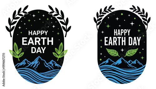Happy earth day mountain and ocean landscape icons