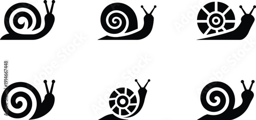 Modern snail icon set, spiral shell gastropod silhouette vector collection, minimal animal logo isolated on white