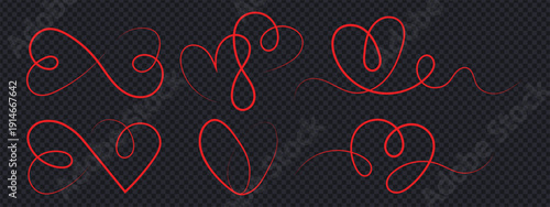 Hand drawn red heart swirl ornament set vector. Calligraphy symbol for romantic wedding invitation, decorative love scroll, and Valentine filigree element collection. Vector Illustration.