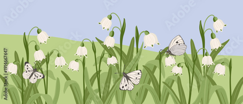 composition with spring flowers,spring snowflakes, snowbells, vector drawing flowering wild plants at blue background, floral border, hand drawn botanical illustration