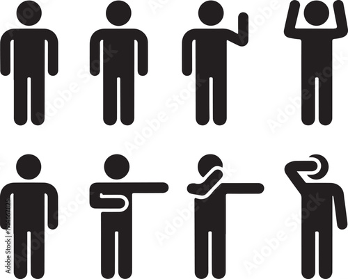 Man standing set, stick figure human. Vector illustration, pictogram of different human poses on white