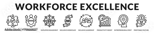 Workforce excellence banner highlighting leadership empowerment and performance driven organizational culture. in Lineal Icon Style