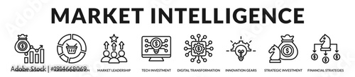 Market intelligence banner highlighting analytical strategy and competitive positioning for modern enterprises. in Lineal Icon Style