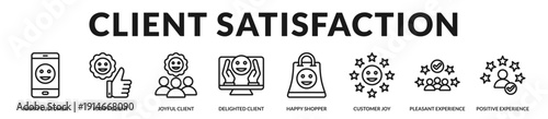 Client satisfaction banner highlighting positive customer emotions and loyalty driven service excellence. in Lineal Icon Style