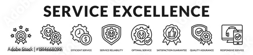 Service excellence banner presenting reliable performance standards and optimized customer support systems. in Lineal Icon Style