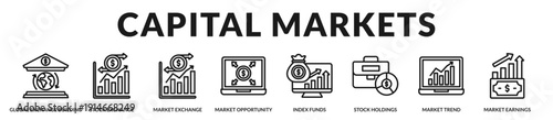 Capital markets banner presenting global exchange activity and diversified investment performance analysis. in Lineal Icon Style