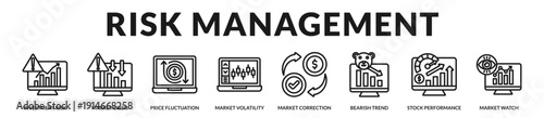 Risk management banner illustrating protective strategies against market instability and financial downturn scenarios. in Lineal Icon Style