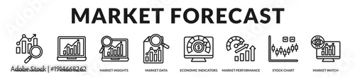 Market forecast banner presenting predictive analytics and structured financial outlook evaluation. in Lineal Icon Style